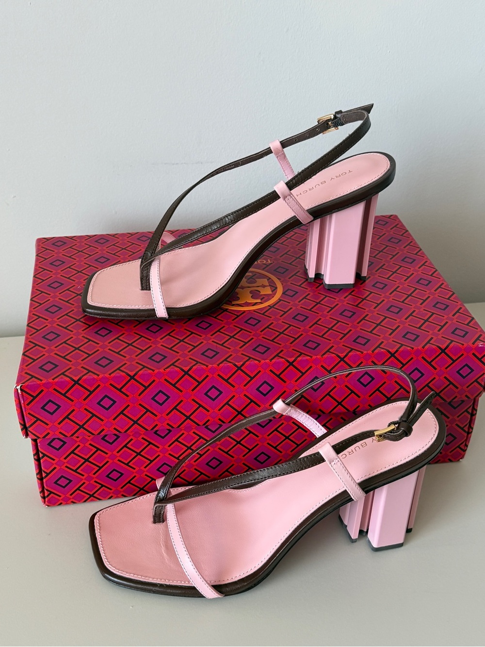 Tory Burch Pink and Brown Strappy Block Heel Sandals